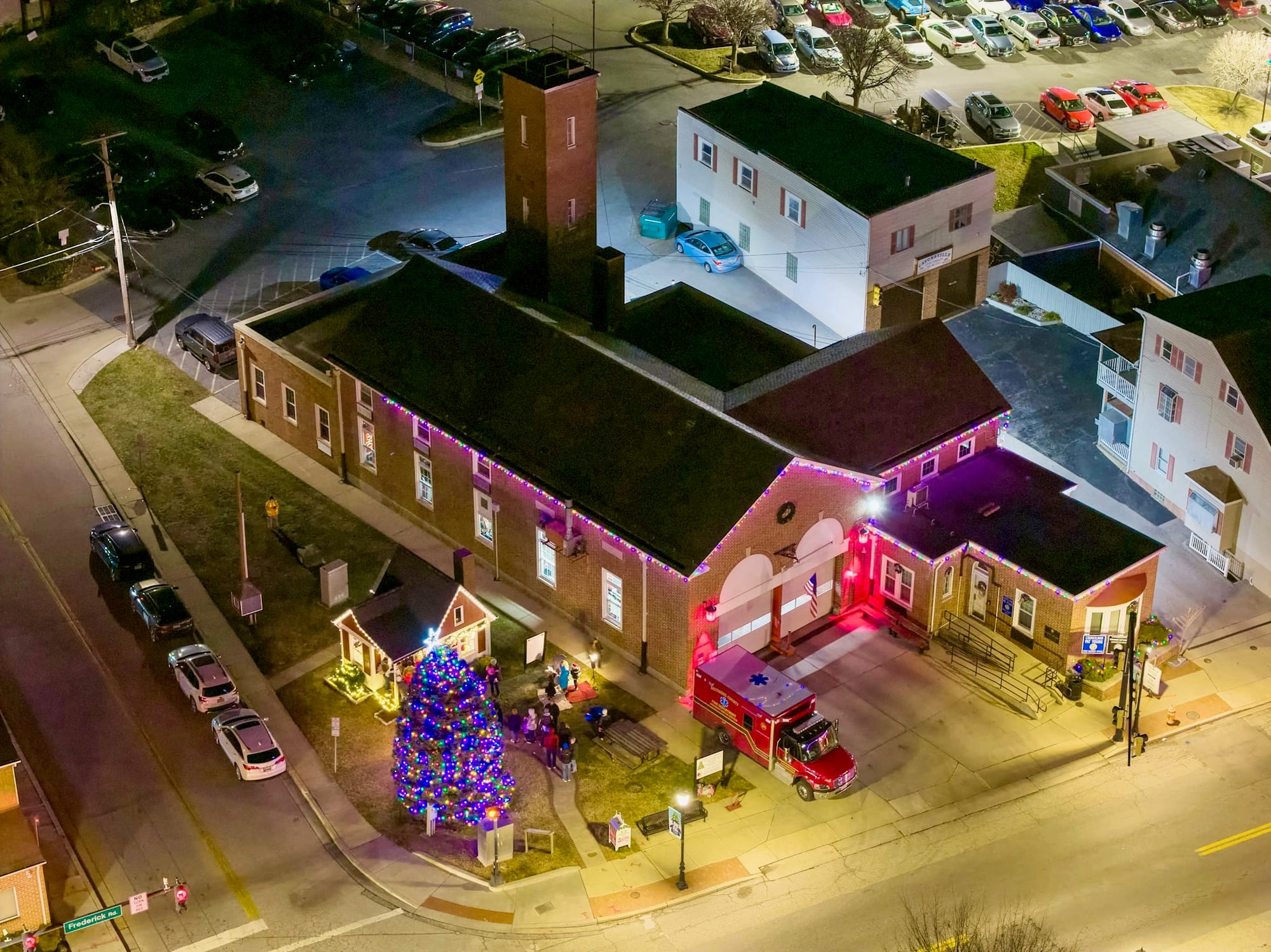 Aerial shot of the Catonsville Christmas Tree, Santa House, and historic Fire Station