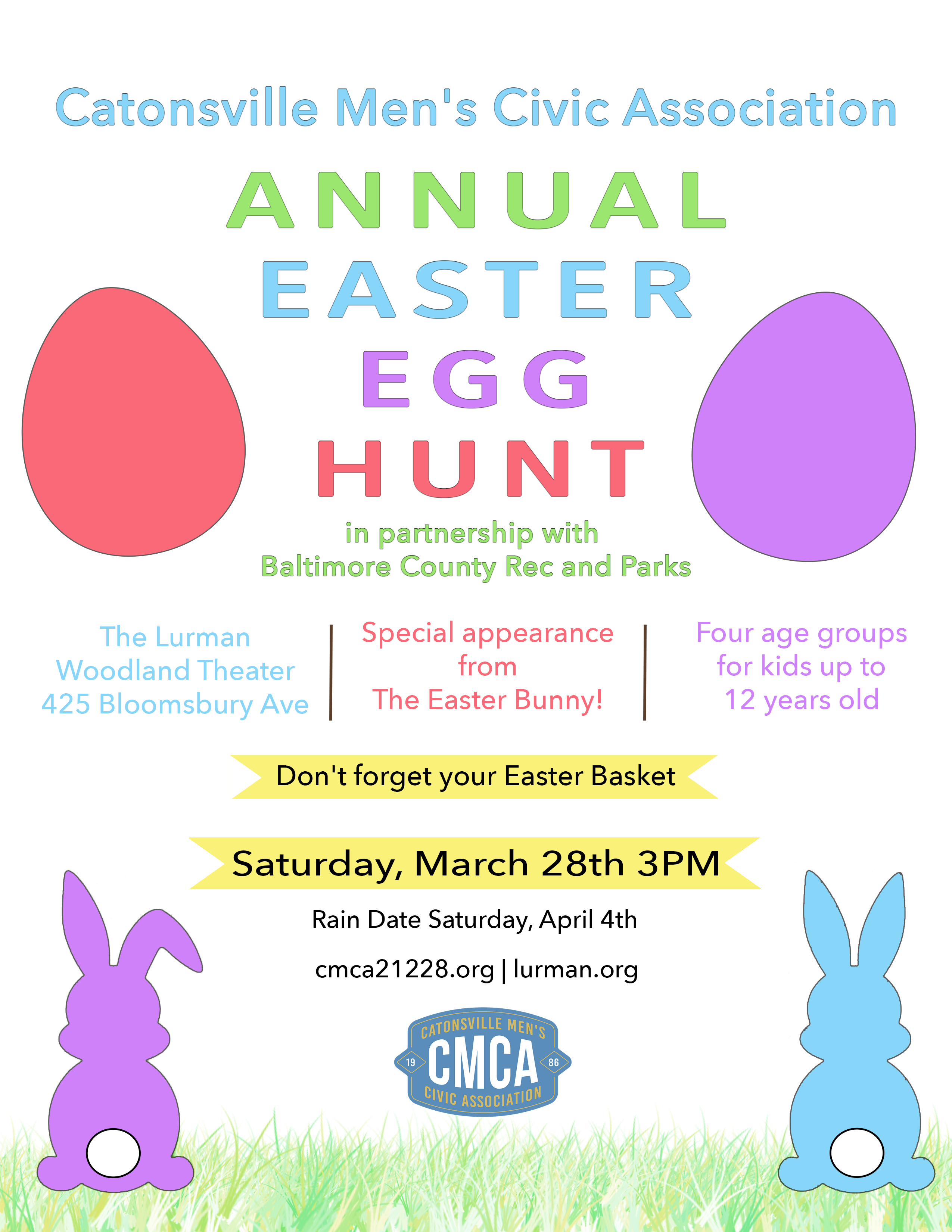 2026 CMCA Annual Easter Egg Hunt Flyer - Saturday March 28th at 3PM, Rain Date Saturday April 4th at 3P