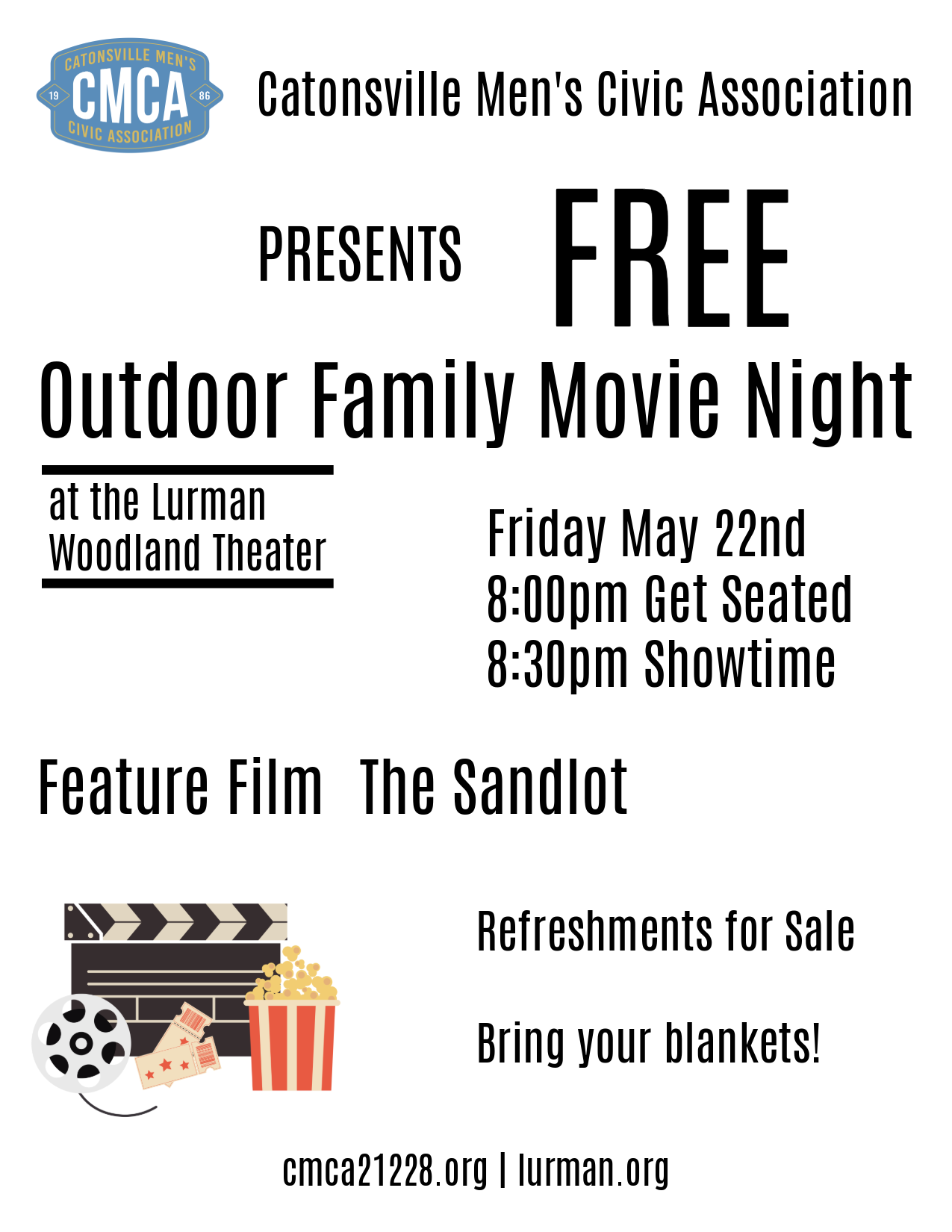 Free Outdoor Family Movie Night at the Lurman Woodland Theater. Friday May 22nd 2026, Rain Date Saturday May 23rd 2026